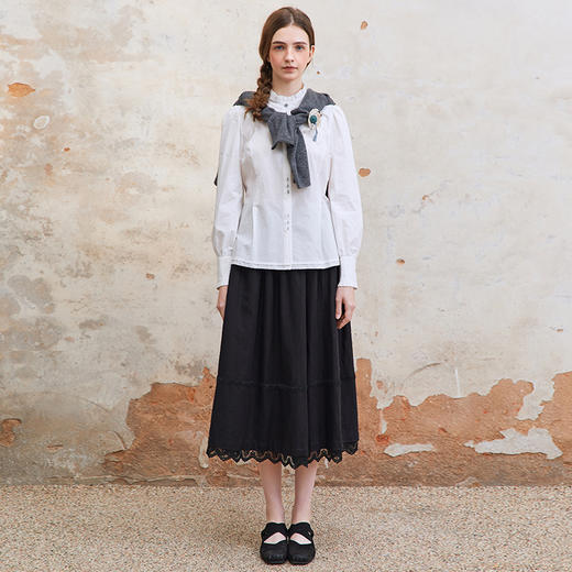 Famecoco松紧腰棉麻绣花大摆裙女士拼接花边半身裙FAC1HA003 商品图4