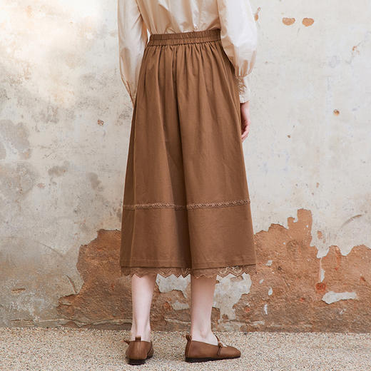 Famecoco松紧腰棉麻绣花大摆裙女士拼接花边半身裙FAC1HA003 商品图2