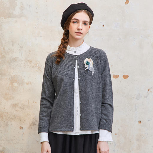 famecoco范可儿羊毛毛衣开衫女圆领提花保暖针织外套FAC1DE001 商品图3