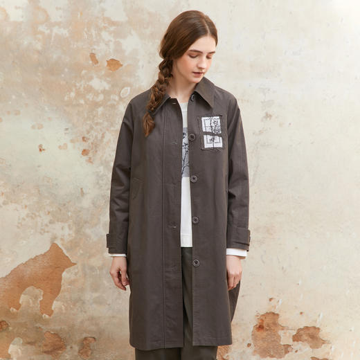 famecoco纯棉植物绣花贴布风衣中长款女宽松休闲外套FAC1AT008 商品图1