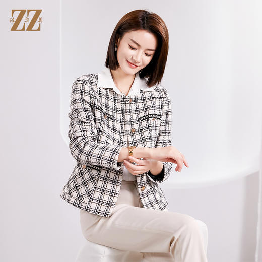 佐尔美春季新款 气质小香风千鸟格短款毛呢外套女E34ZD15 商品图3