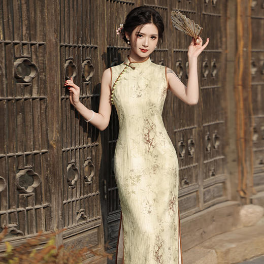 2024春夏斜纹段长款双层无袖改良旗袍QJZ893 商品图3