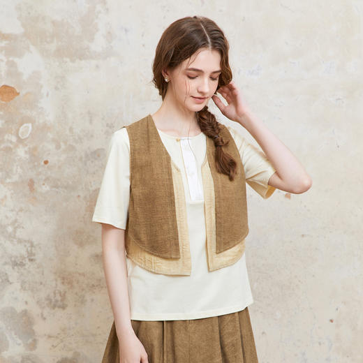 Famecoco范可儿假两件短款叠穿马夹女士复古开衫马甲FAC1CA004 商品图1