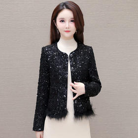 通勤小香风外套，春款修身时尚亮片洋气黑色外搭上衣QYM-XQD-19A6656-L