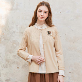 famecoco范可儿羊毛毛衣开衫女圆领提花保暖针织外套FAC1DE001