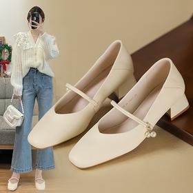 ZHR浅口单鞋女2024新款时尚粗跟小皮鞋子百搭玛丽珍鞋女鞋ins方头