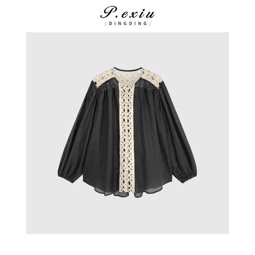03-4潘依绣丁丁宠粉PanYiXiu/潘依绣【法颂少女】100%苎麻宫廷风优雅拼接衬衫 SH98831 商品图1