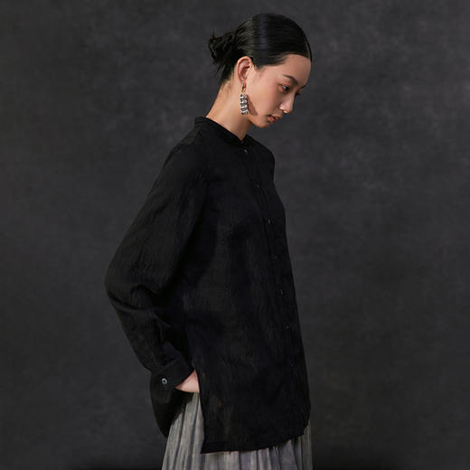 famecoco新中式立领基础款衬衫女士长袖正肩气质衬衣FAC1BA004 商品图2