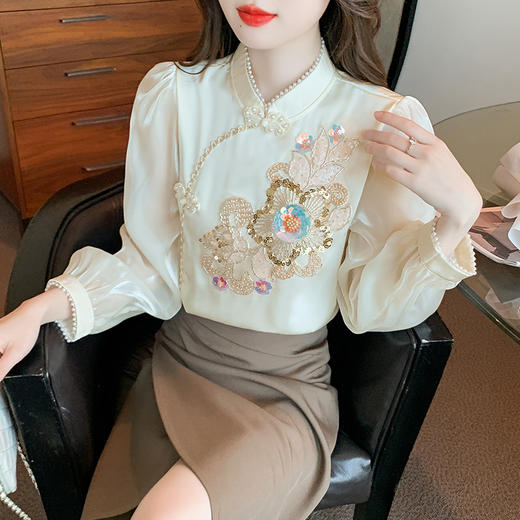 ALBB-新中式国风刺绣衬衫女长袖内搭雪纺上衣 商品图2