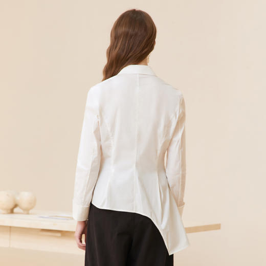 Famecoco纯棉正肩修身中长款衬衫女士长袖收腰白衬衣FAC1BA003 商品图5