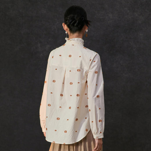 Famecoco全棉立体剪花衬衫女系带木耳边立领小众衬衣FAC1BH026 商品图2