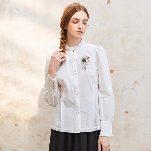 Famecoco纯棉木耳边立领长袖衬衫女士气质小众衬衣FAC1BH008 商品图3