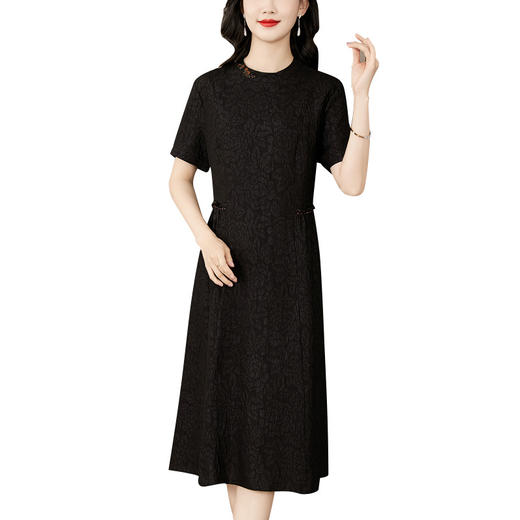 LS2601冠乐绉香云纱真丝连衣裙女2024新款夏季短袖圆领收腰气质桑蚕丝裙 商品图4