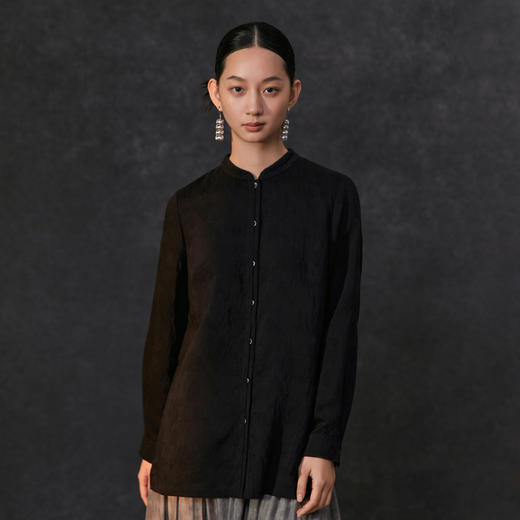 famecoco新中式立领基础款衬衫女士长袖正肩气质衬衣FAC1BA004 商品图0