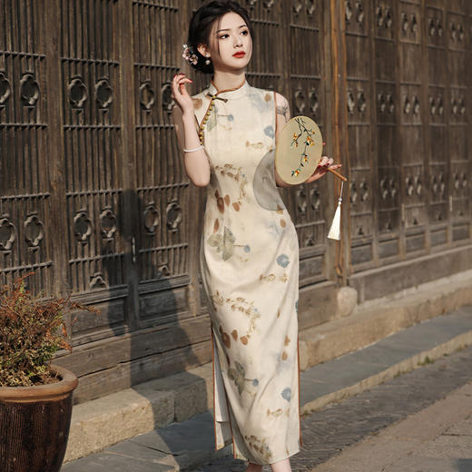 2024春夏斜纹段长款双层无袖改良旗袍QJZ893 商品图0