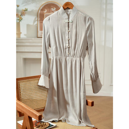 欧芮儿年春新款立领长袖中国风雪纺连衣裙女中长款气质收腰 商品图0