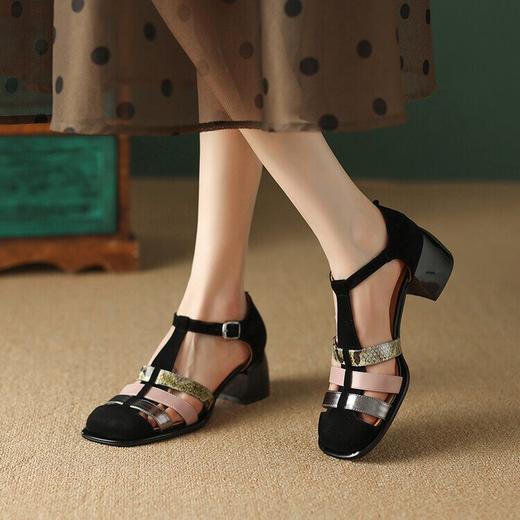 【预售5天】复古编织包头鞋，丁字扣带粗跟拼色中跟罗马女鞋YX&B922 商品图4