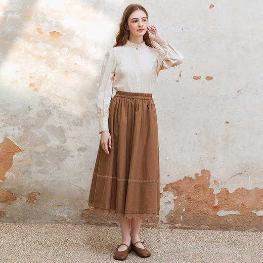 Famecoco松紧腰棉麻绣花大摆裙女士拼接花边半身裙FAC1HA003 商品图1