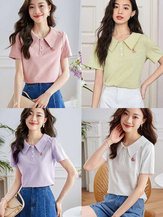 【专属特价】熙世界法式polo领正肩T恤夏2025新款甜美刺绣宽松显瘦短袖上衣 商品图1