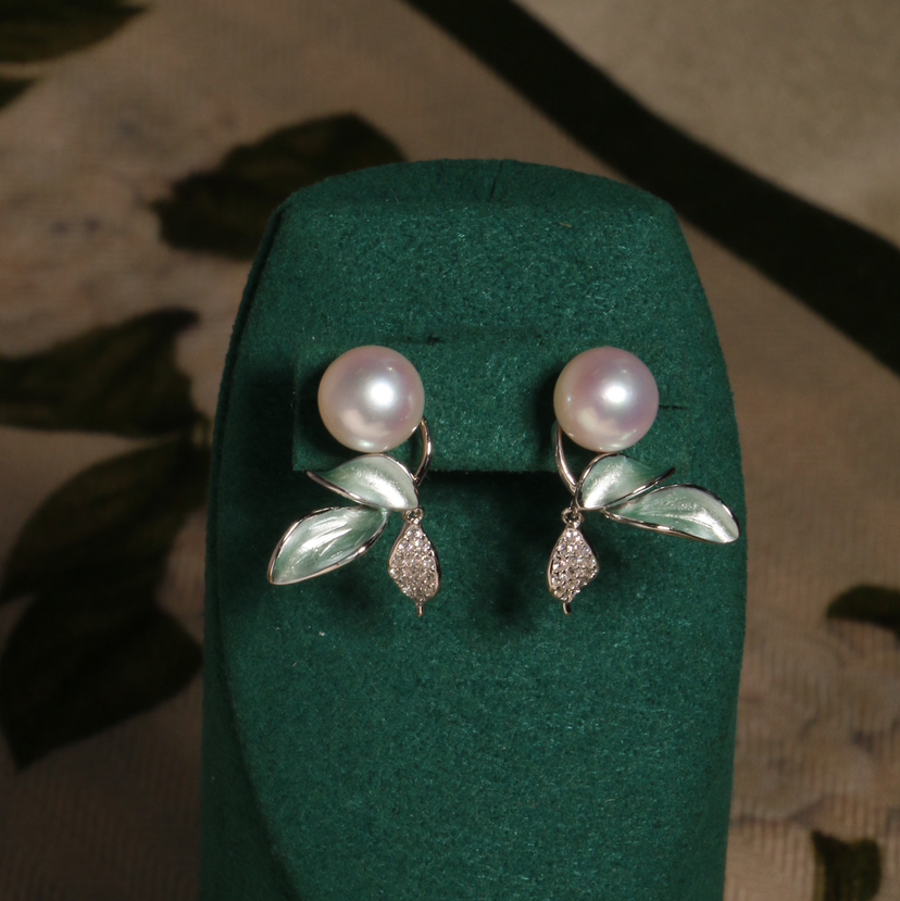 甄珠贝 古风 新茶 龙井季 中式风 专门为大家安排的很好搭配的复古中式 耳环7-8mm 正圆无暇珍珠耳钉 灵动精美 颜色好看