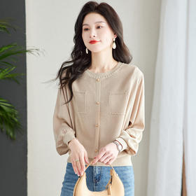 洋气减龄设计感，小香风圆领长袖针织拼接上衣CC-QL-S6680