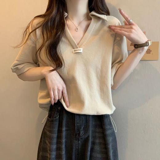 【舒适透气！POLO领短袖T恤】POLO领短袖T恤女ins，春夏宽松显瘦，洋气减龄小个子短款V领半袖上衣 商品图3