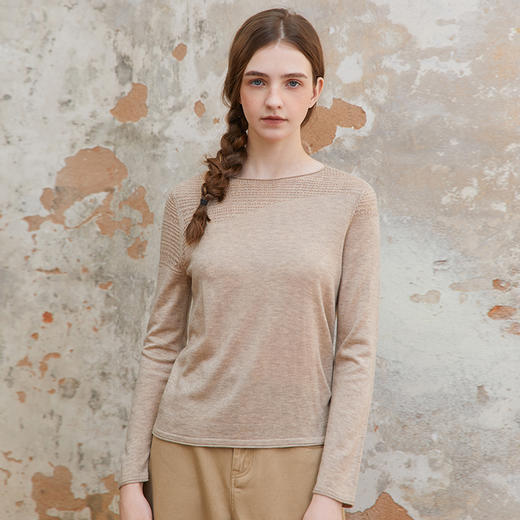 Famecoco一字领打孔提花修身针织衫女长袖套头打底衫FAC1DB014 商品图1