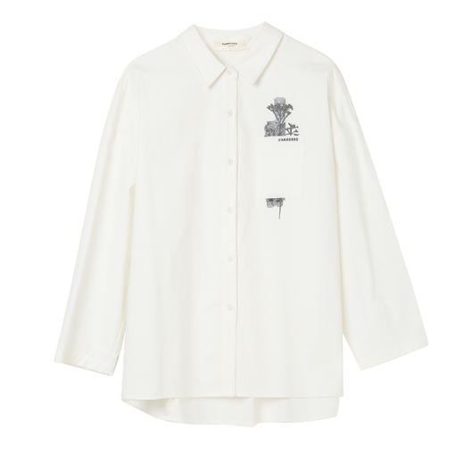 Famecoco范可儿印花刺绣宽松白衬衫女士落肩长袖衬衣FAC1BH010 商品图6