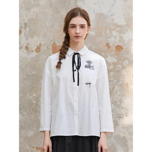 Famecoco范可儿印花刺绣宽松白衬衫女士落肩长袖衬衣FAC1BH010 商品图1