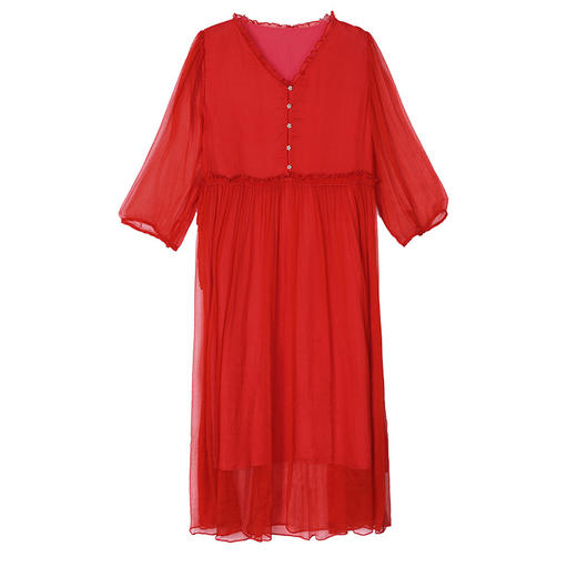 AHM-6501法式小香风V领雪纺春夏新款简约时尚气质优雅红色长裙 商品图4
