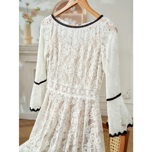 欧芮儿收腰白色a字裙七分喇叭袖蕾丝连衣裙女中长款女裙子 商品图1