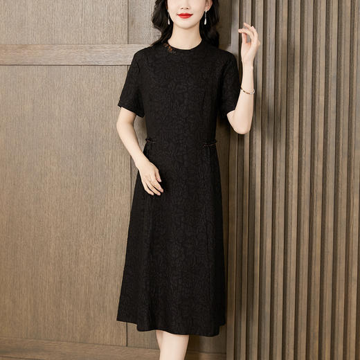 LS2601冠乐绉香云纱真丝连衣裙女2024新款夏季短袖圆领收腰气质桑蚕丝裙 商品图0