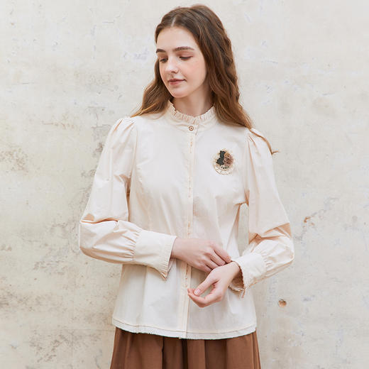 Famecoco纯棉木耳边立领长袖衬衫女士气质小众衬衣FAC1BH008 商品图0