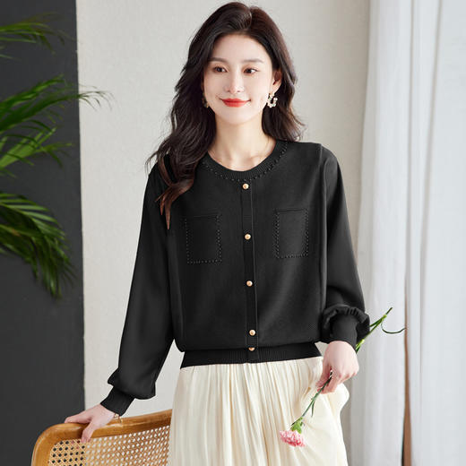 洋气减龄设计感，小香风圆领长袖针织拼接上衣CC-QL-S6680 商品图2