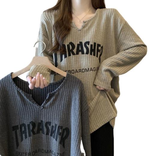 【胖妹妹装专属❗️坑条螺纹长袖】春季新款宽松显瘦长袖T恤，大码女装中长款上衣女 商品图4