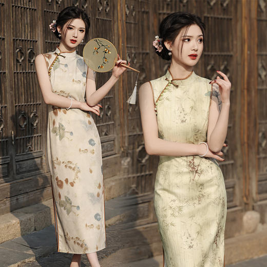 2024春夏斜纹段长款双层无袖改良旗袍QJZ893 商品图1