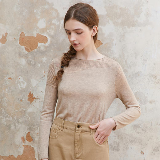 Famecoco一字领打孔提花修身针织衫女长袖套头打底衫FAC1DB014 商品图4