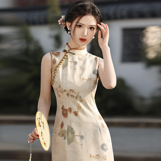 2024春夏斜纹段长款双层无袖改良旗袍QJZ893 商品图2