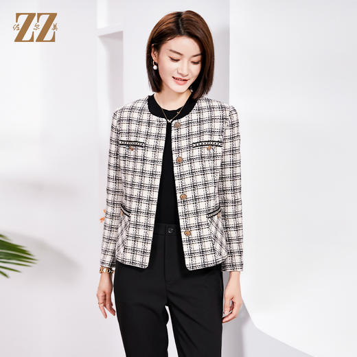 佐尔美春季新款 气质小香风千鸟格短款毛呢外套女E34ZD15 商品图1