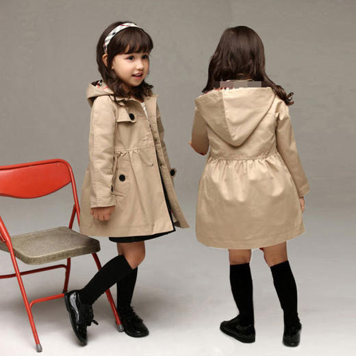 女童连帽可拆卸风衣外套春秋中长款洋气英伦风上衣80-155cm 商品图1