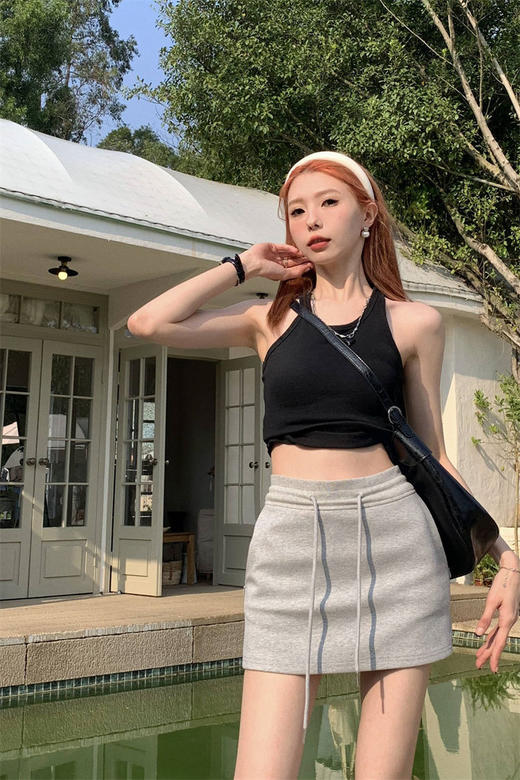 【百搭显瘦！纯色半身裙女】高腰+抽绳，显苗条又舒适；A字裙摆，既轻盈又凸显腿部线条；松紧短裙卫裤，让你随性又利落！ 商品图2