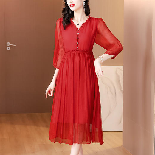 AHM-6501法式小香风V领雪纺春夏新款简约时尚气质优雅红色长裙 商品图1