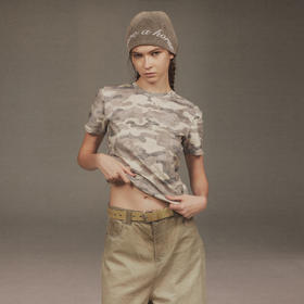 NUTH 复古迷彩印花烫钻修身短袖t恤上衣女