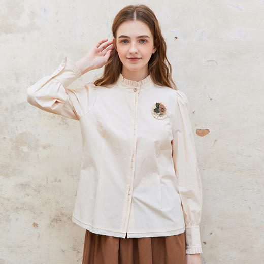 Famecoco纯棉木耳边立领长袖衬衫女士气质小众衬衣FAC1BH008 商品图1