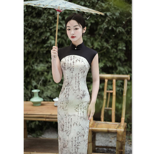 时尚拼接长款无袖醋酸缎旗袍，春夏新款改良中式少女旗袍GX183260 商品图2