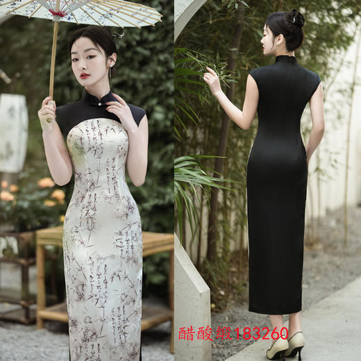 时尚拼接长款无袖醋酸缎旗袍，春夏新款改良中式少女旗袍GX183260 商品图1