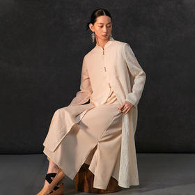 famecoco新中式立领肌理感过膝长裙女长袖文艺连衣裙FAC1FA038