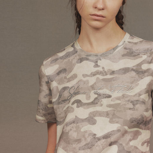 NUTH 复古迷彩印花烫钻修身短袖t恤上衣女 商品图4