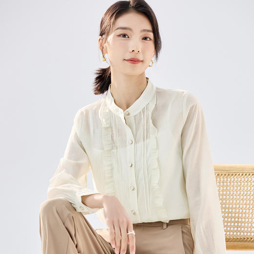 【清新百搭】罗蒙女士长袖衬衫圆领花边设计系扣日常开衫轻薄衬衫女 商品图4