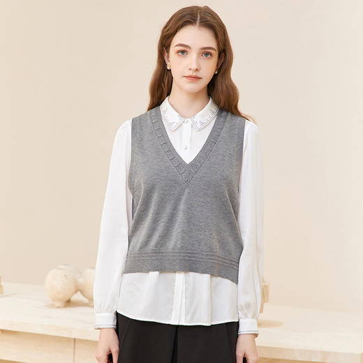 Famecoco范可儿v领无袖针织马甲背心女叠穿套头马夹FAC1CA021 商品图1